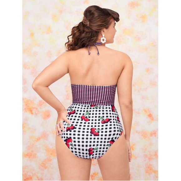 SEXY PLUS GINGHAM RETRO PINUP CHERRY PRINT HALTER CUT OUT 1 PC SWIMSUIT - Picture 4 of 4